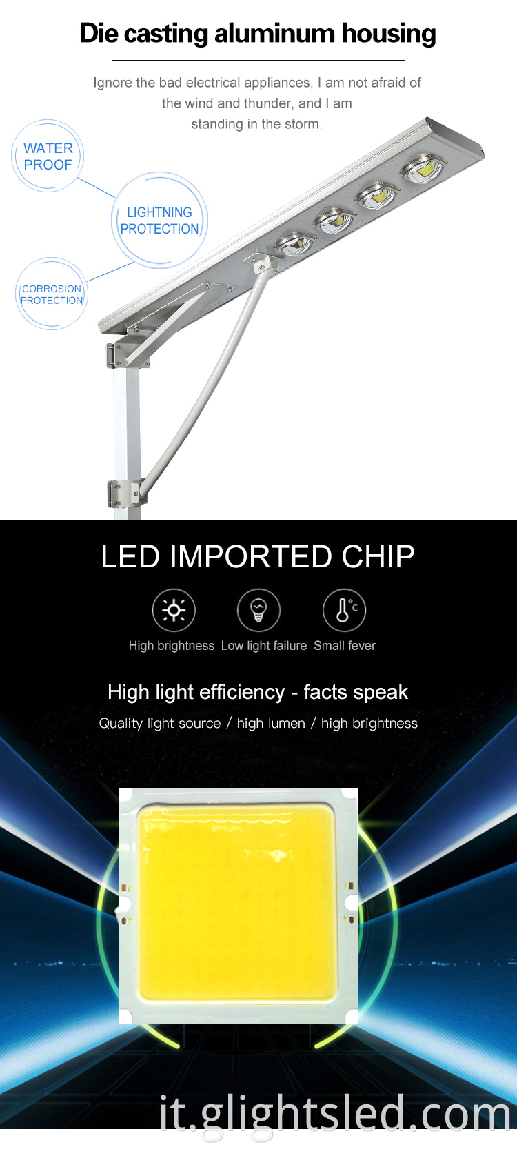 Alluminio ad alta luminosità IP65 Waterproof 50W 100W 150W 200W CoB integrata tutto in un solare LED Solar Light